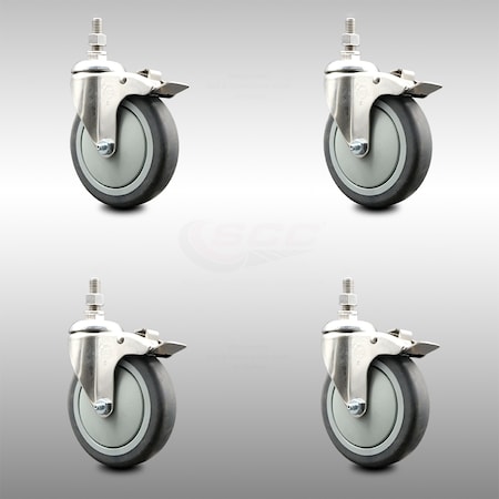 Service Caster 5 Inch 316SS Thermoplastic Rubber Swivel 3/8 Inch Stem Caster Set Lock Brake SCC SCC-SS316TSTTL20S514-TPRB-381615-4